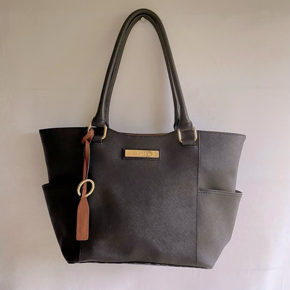 Calvin Klein Women’s Black & Brown Leather Textured Tote Shoulder Bag